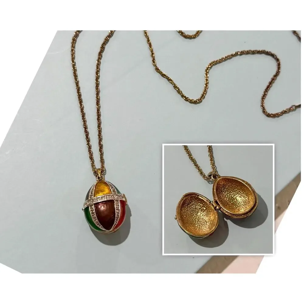 Vintage Joan Rivers Faberge Style Egg Locket Necklace • Gold Tone • Crystal Acc
